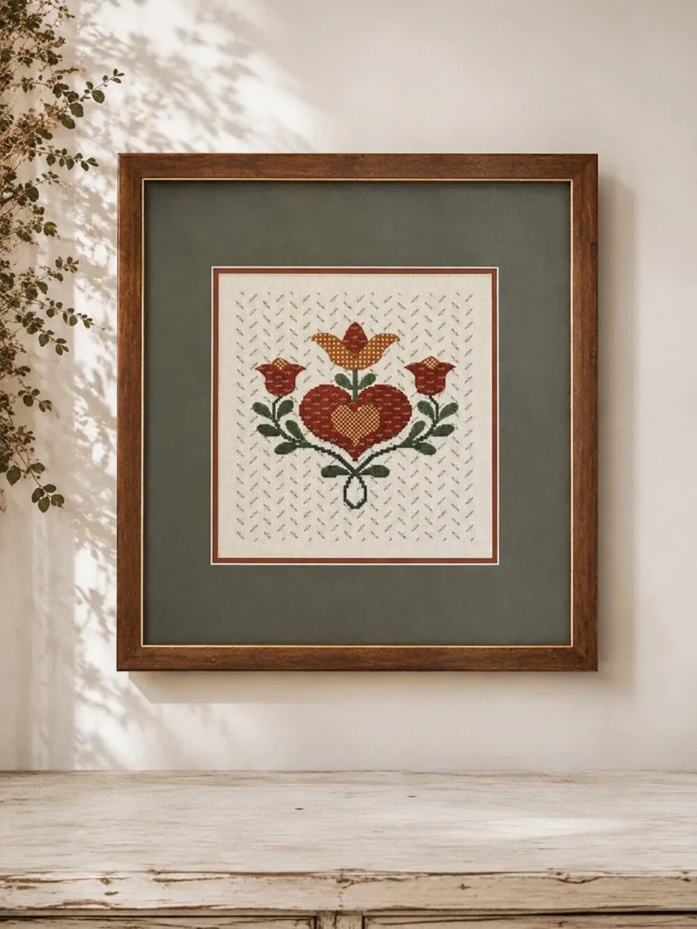 Vintage Cross Stitch Folk-Art Floral Botanical Needlework